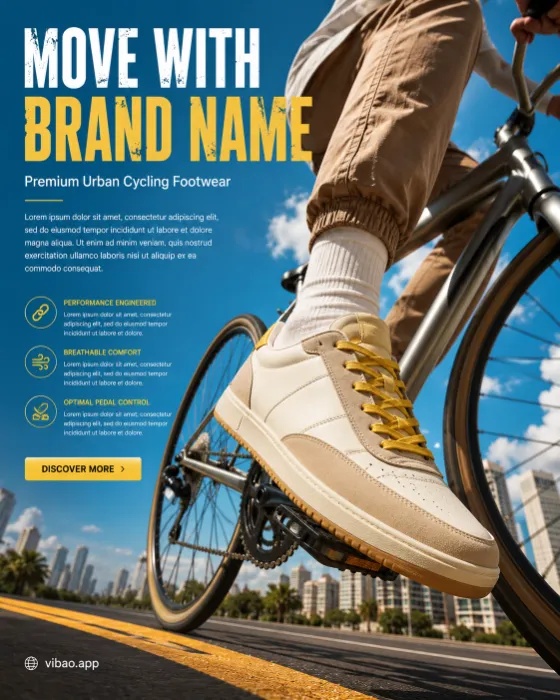 Premium lifestyle sneaker on a bicycle pedal photographed from a dramatic low-angle under bright blue skies.