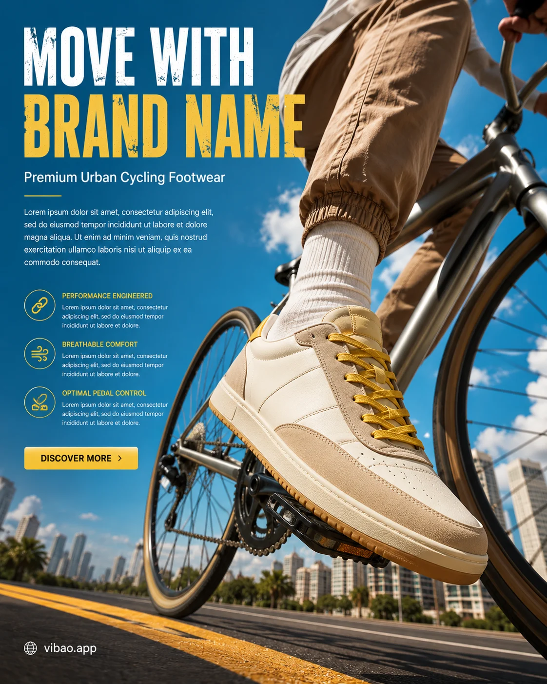 Premium lifestyle sneaker on a bicycle pedal photographed from a dramatic low-angle under bright blue skies.