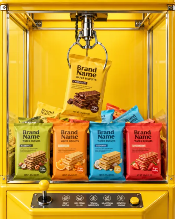 Premium wafer biscuit packages displayed inside a bright yellow claw machine with one package suspended by a chrome claw.