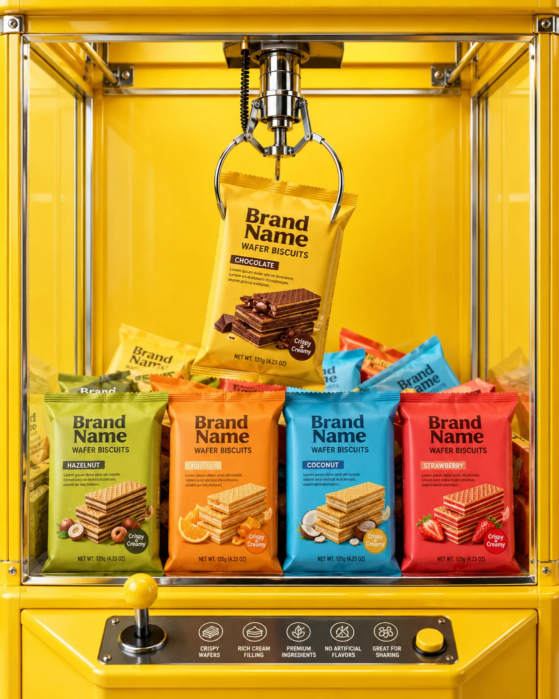 Premium wafer biscuit packages displayed inside a bright yellow claw machine with one package suspended by a chrome claw.