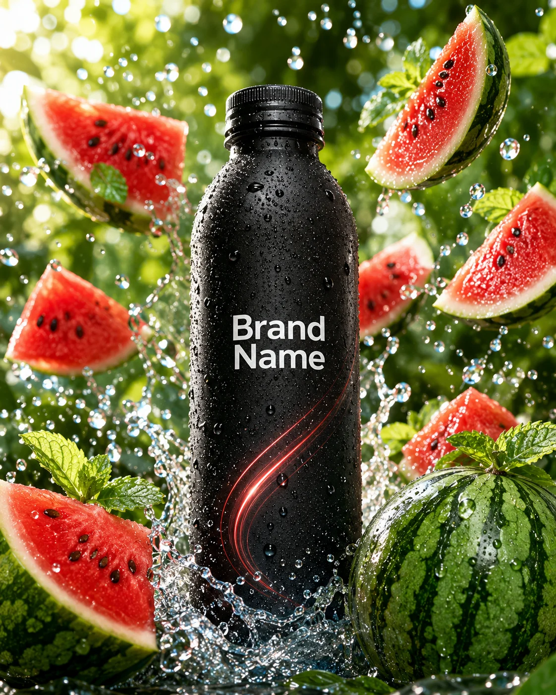 Premium energy drink bottle surrounded by floating watermelon slices and crystal-clear water splashes.