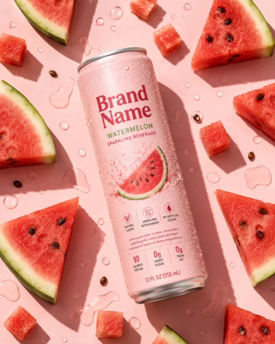 Luxury watermelon beverage photographed in a premium editorial flat-lay with fresh fruit.