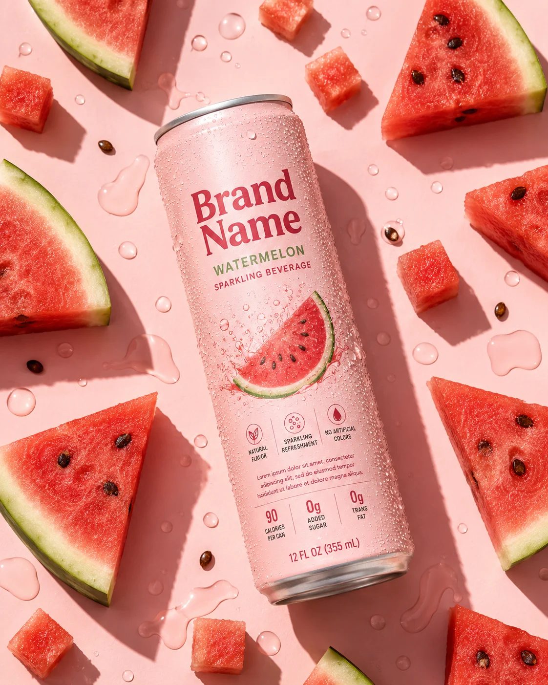 Luxury watermelon beverage photographed in a premium editorial flat-lay with fresh fruit.