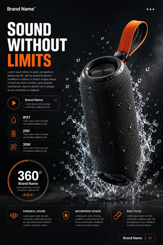 Premium waterproof Bluetooth speaker hero campaign with editorial technology styling.