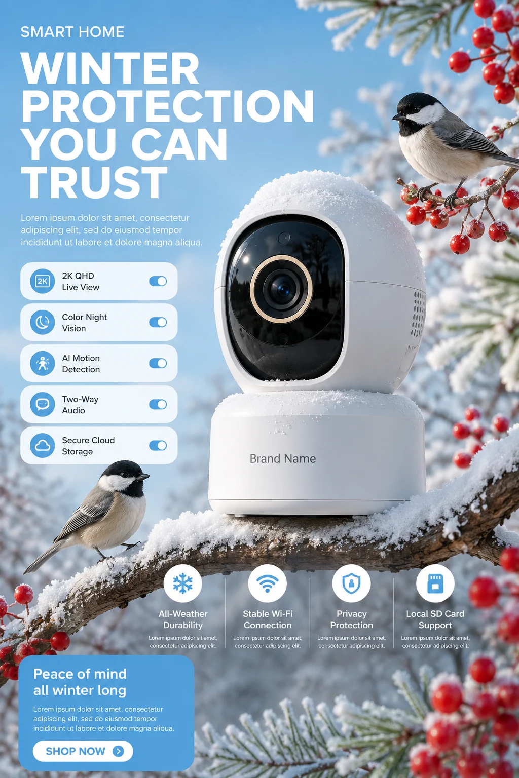 Luxury winter smart security camera campaign artwork with clean commercial layout
