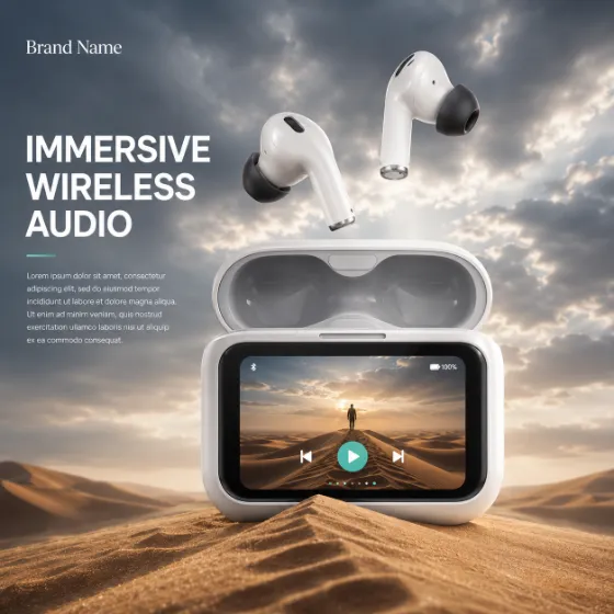 Premium wireless earbuds displayed above a smart charging case with an immersive touchscreen interface in a surreal desert landscape.