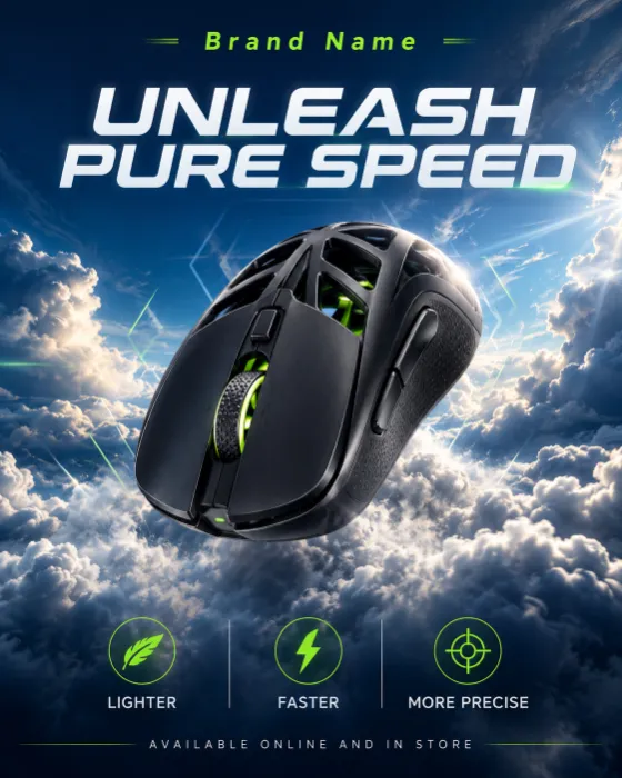 Premium wireless gaming mouse floating above dramatic clouds in a cinematic commercial advertisement.