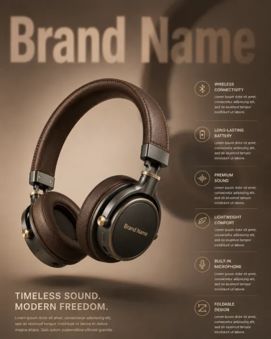 Premium wireless headphones with floating presentation and luxury leather craftsmanship.