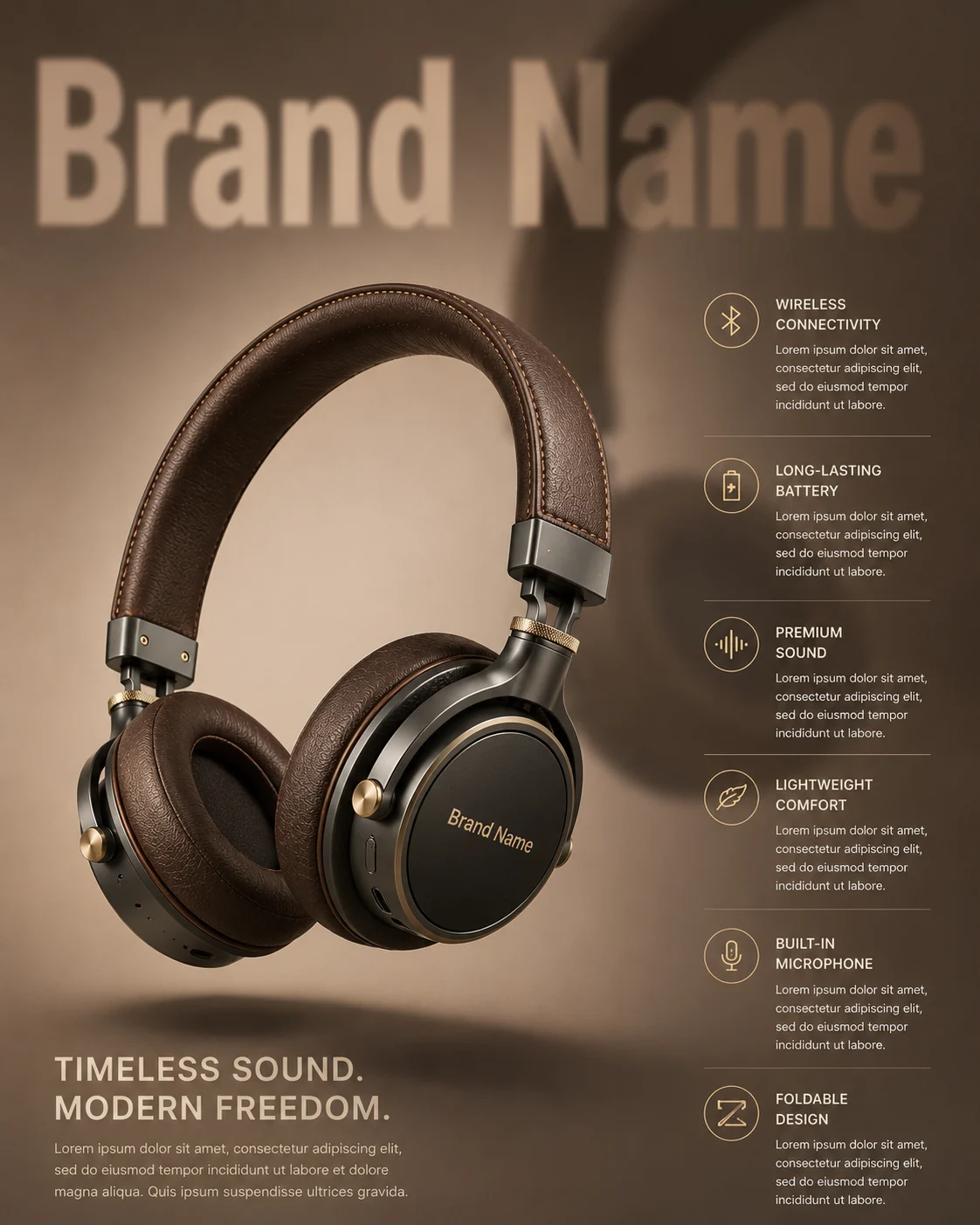 Premium wireless headphones with floating presentation and luxury leather craftsmanship.