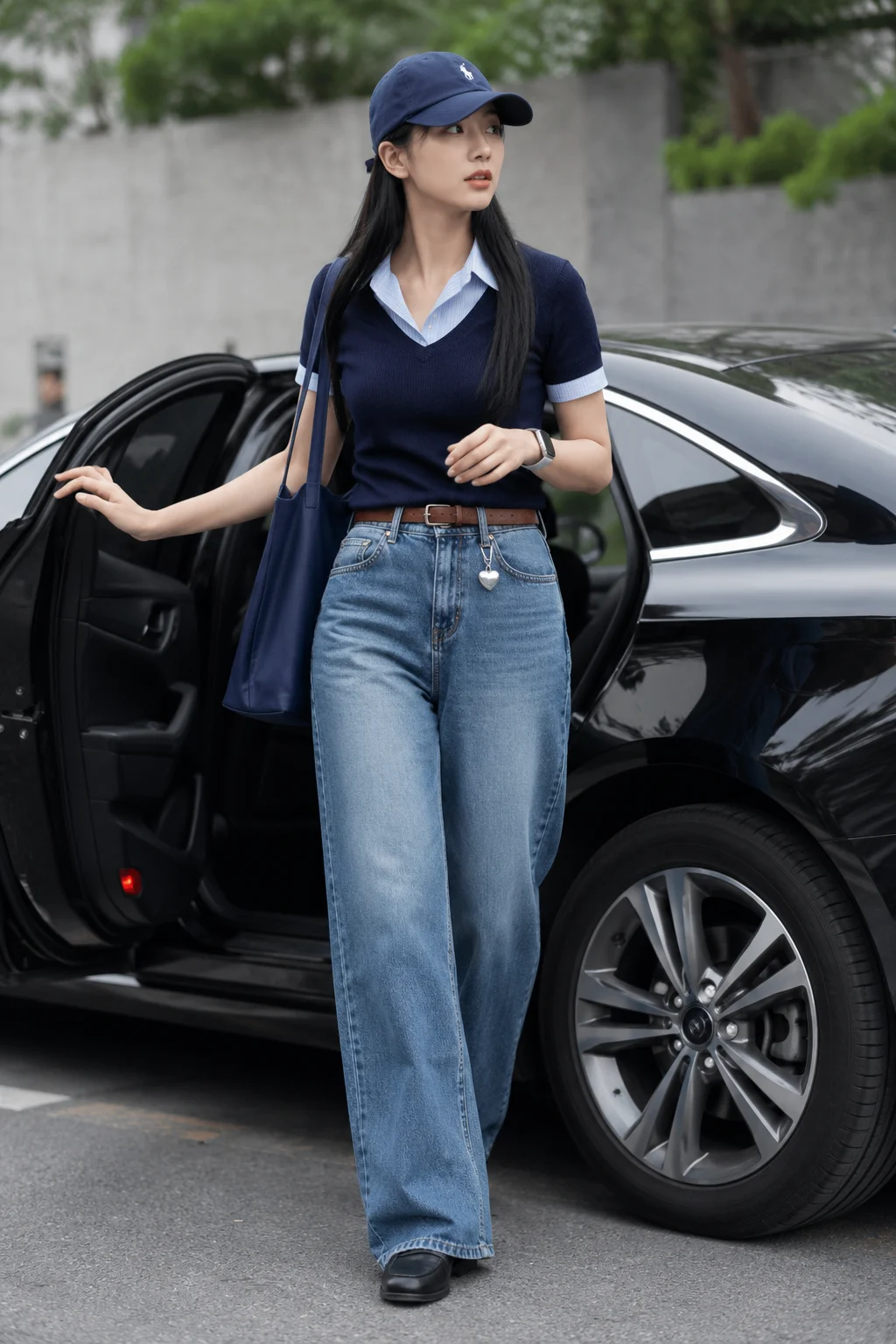 Street-fashion portrait of a woman in navy layered knitwear, wide-leg blue jeans, a baseball cap, and a structured tote beside an open black car.