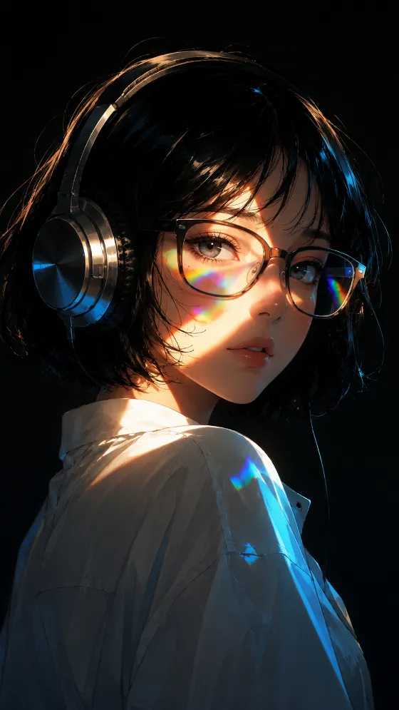 Vertical dark phone wallpaper showing an anime-inspired woman with black hair, glasses, headphones, and rainbow light reflections.
