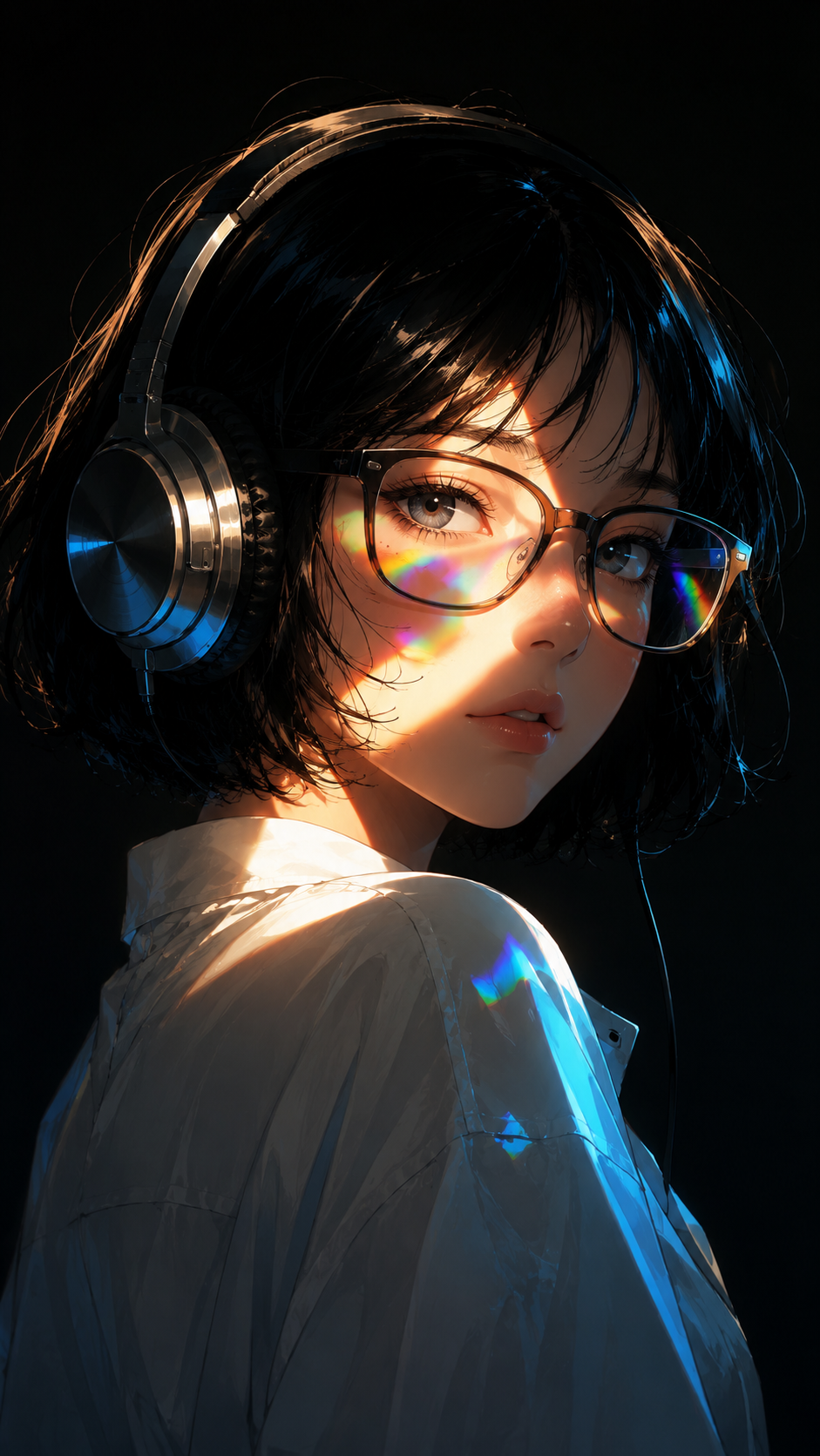 Vertical dark phone wallpaper showing an anime-inspired woman with black hair, glasses, headphones, and rainbow light reflections.