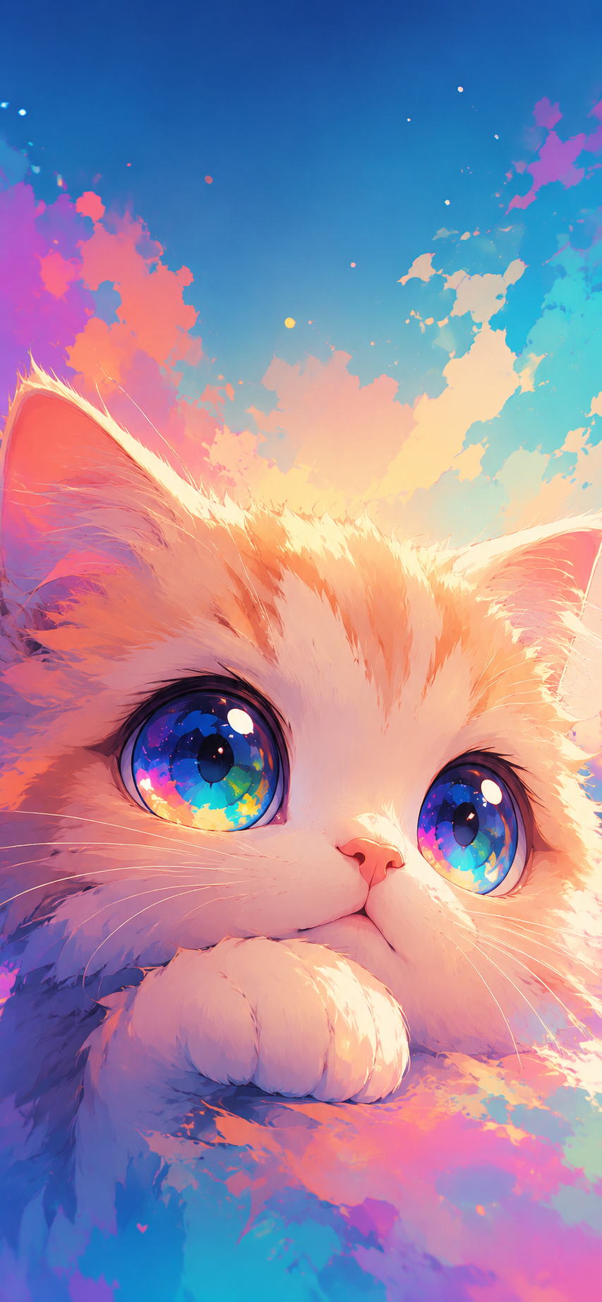 Colorful close-up illustration of a cream and orange kitten with glossy teal-blue eyes, a pink nose, and one paw beneath its chin.