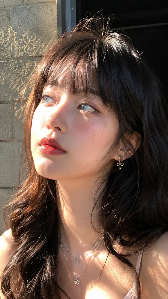 Close-up sunlit portrait of a fashion subject with upward gaze, dark wispy hair, delicate jewelry, dewy skin, and rough concrete wall background.
