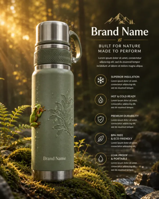 A sage green insulated thermos bottle stands on moss in a sunlit forest with a tree frog on its side.