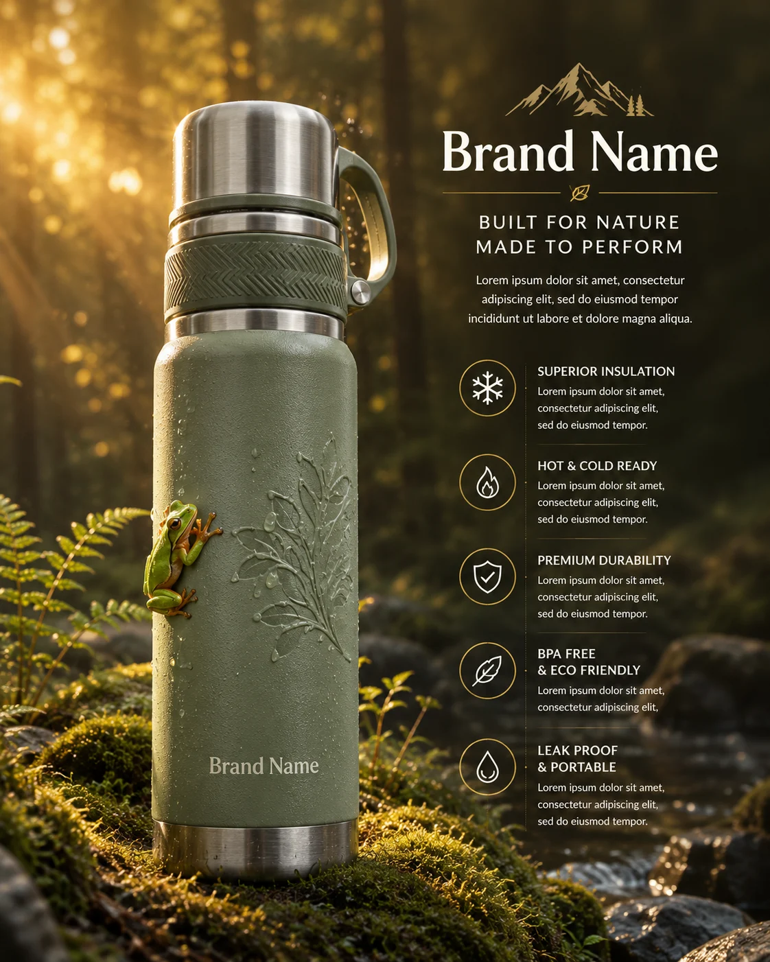 A sage green insulated thermos bottle stands on moss in a sunlit forest with a tree frog on its side.