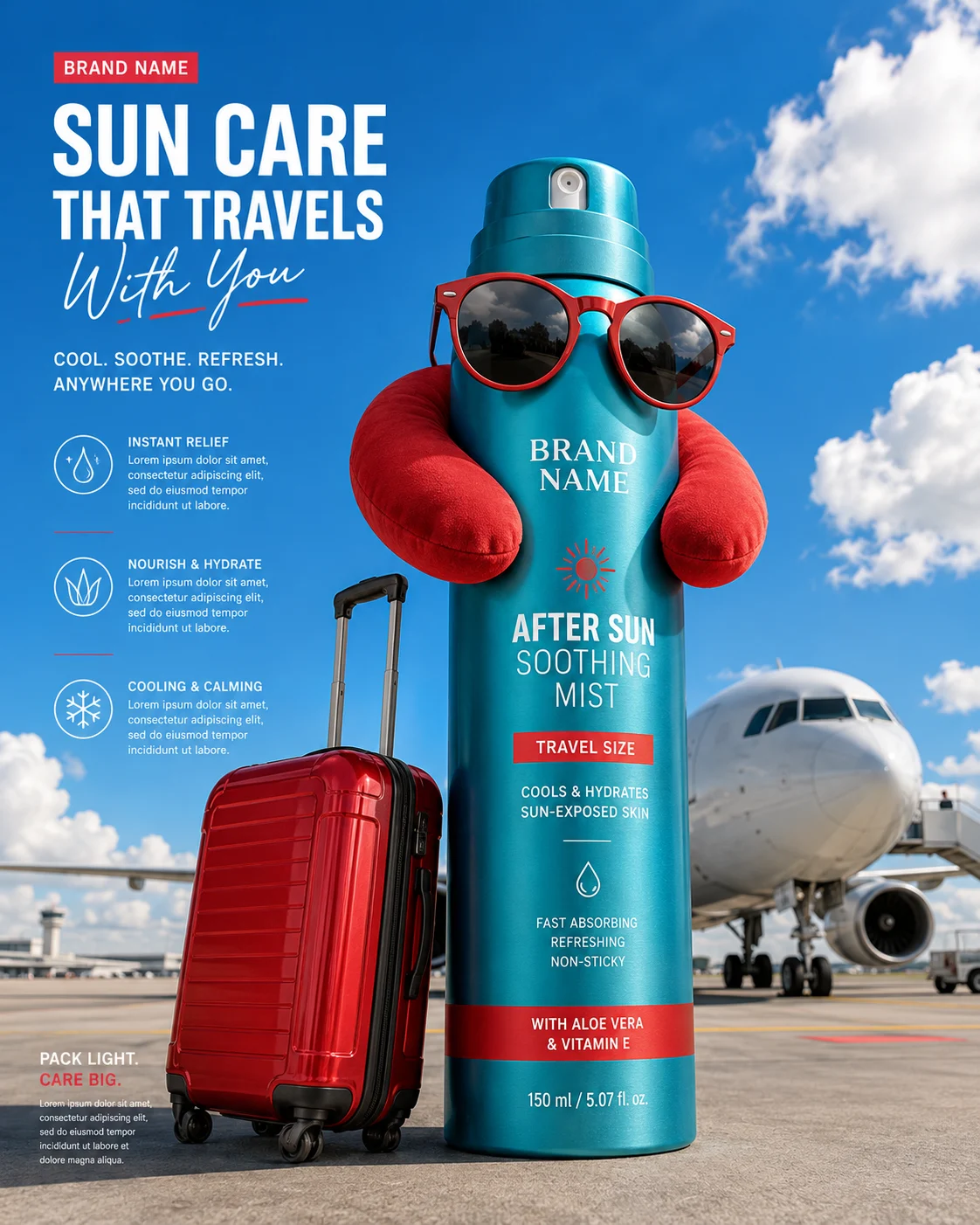 Giant after-sun skincare spray with sunglasses and neck pillow, standing beside a red suitcase on an airport runway with an airplane in the background.
