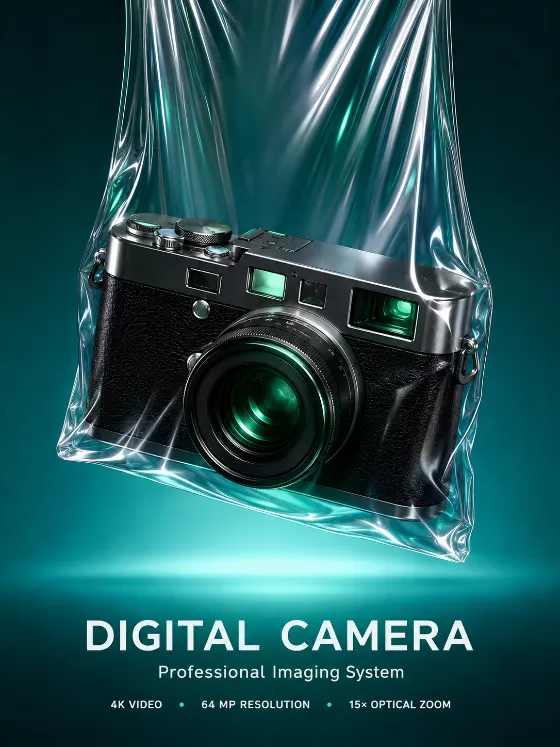 Retro-inspired digital camera suspended inside transparent glossy plastic on a teal gradient studio background.