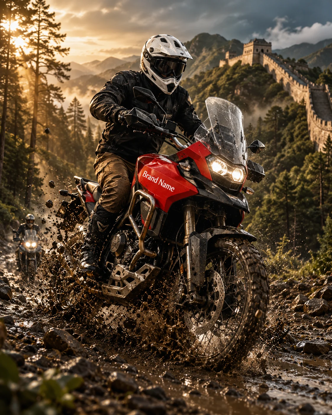 A red adventure motorcycle splashing through a muddy forest trail at sunrise with a rider leaning into a turn, a second motorcycle following in the background.