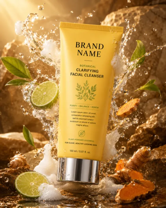 Premium botanical facial cleanser tube surrounded by cleansing foam, water splashes, citrus slices, turmeric roots, and botanical leaves on natural stone.