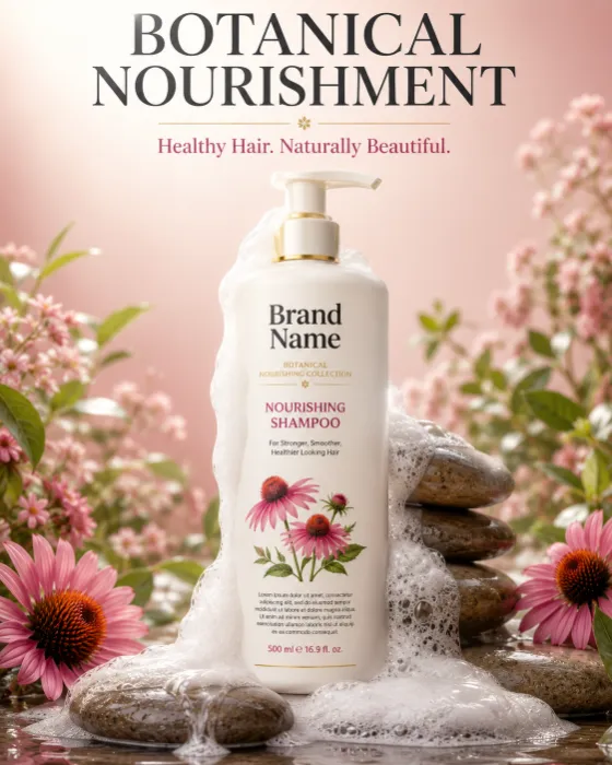 Elegant botanical shampoo bottle with creamy foam and pink flowers on a spa-inspired pink studio background.