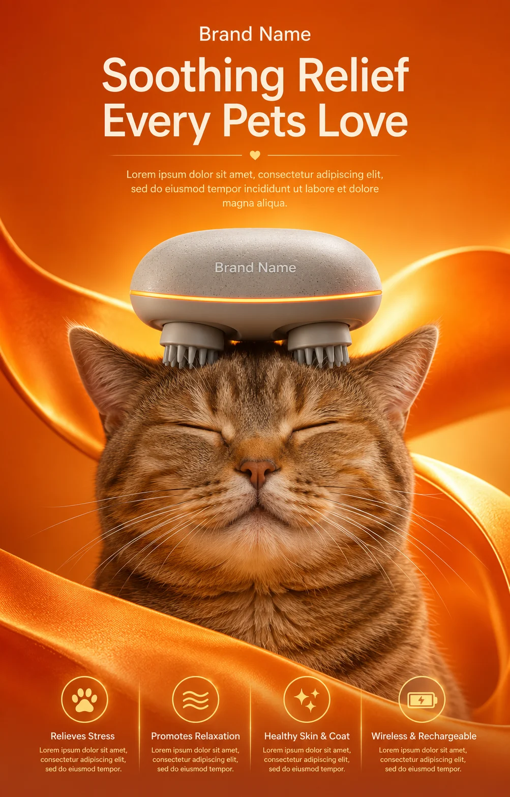 A relaxed brown cat with a wireless scalp massager on its head, studio lighting with warm orange background and satin ribbon.