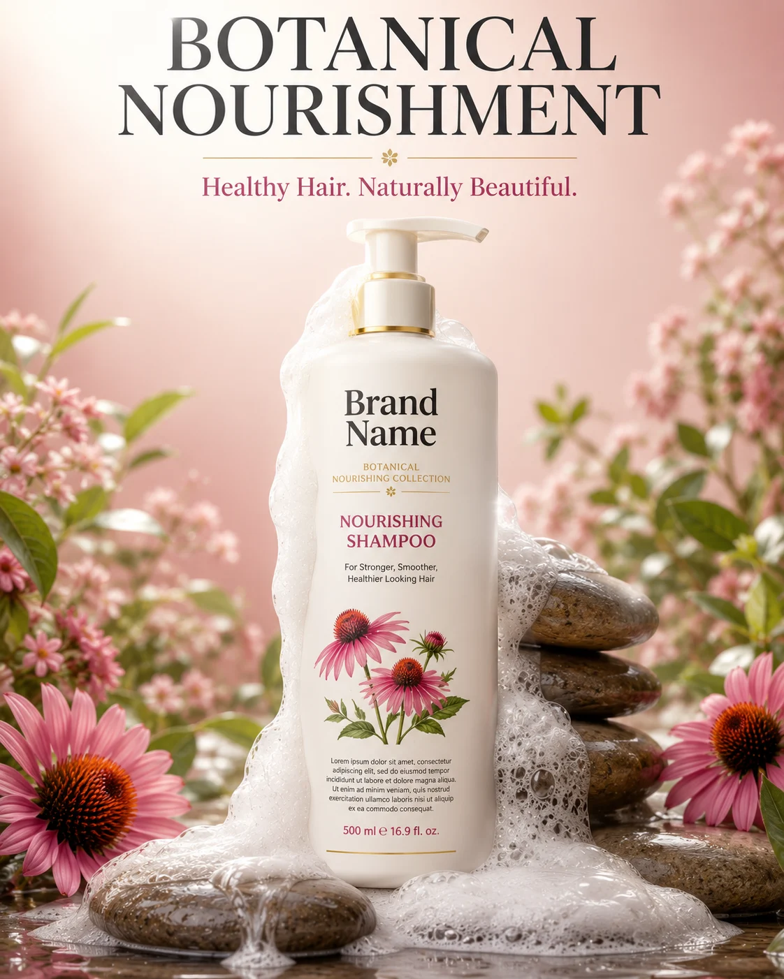 Elegant botanical shampoo bottle with creamy foam and pink flowers on a spa-inspired pink studio background.