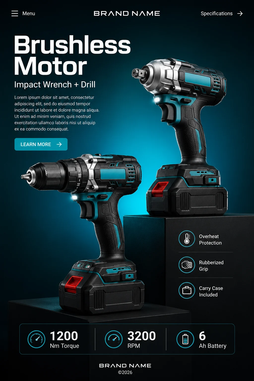 Modern cordless power tool campaign with premium industrial product photography.