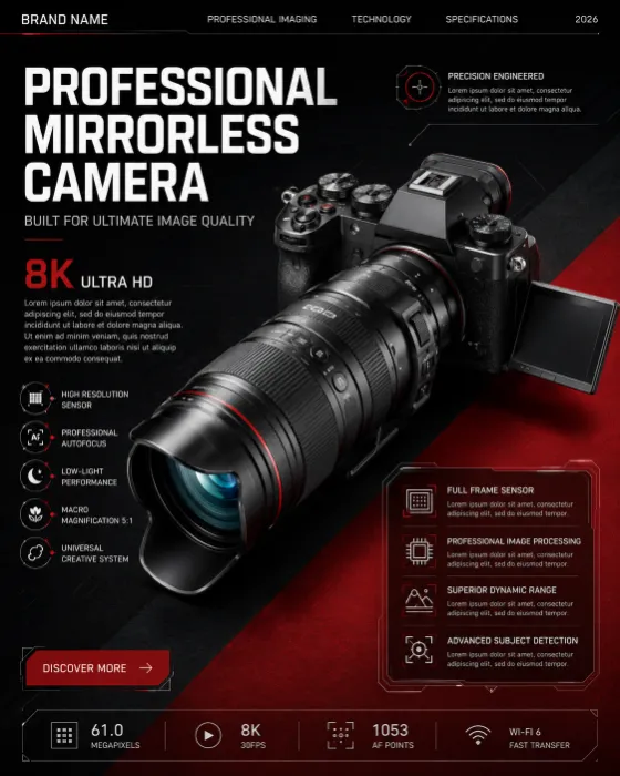 Premium mirrorless camera advertising poster with a telephoto lens and editorial technology styling.