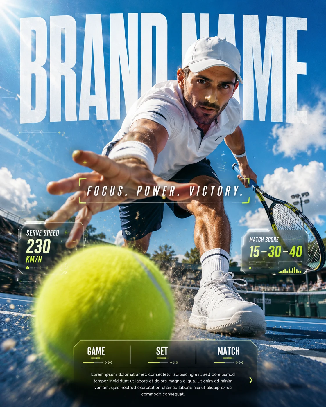 Tennis player reaching for an oversized ball on a sunny court, dramatic low angle for sports campaign.