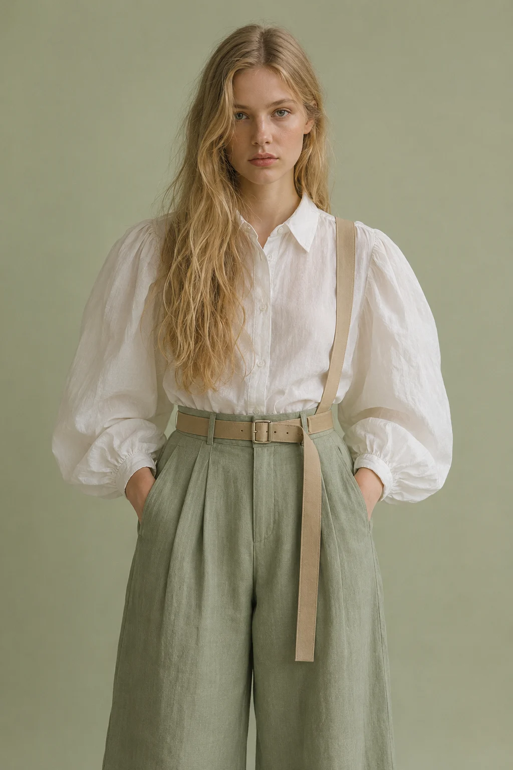 Soft studio fashion portrait with white puff sleeves, sage wide-leg trousers, and a beige strap belt.