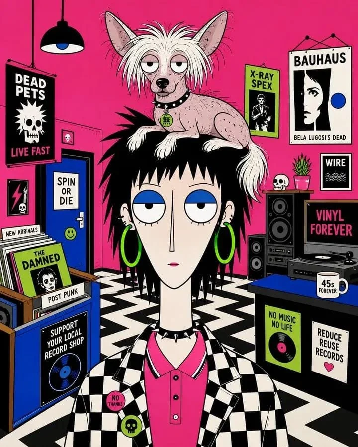 Androgynous punk character in a checkerboard blazer with a pale dog on their head inside a hot-pink illustrated record shop.