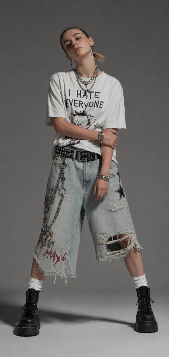 Vertical gray studio portrait showing punk streetwear with a graphic white tee, distressed decorated denim, chain accessories, and platform boots.