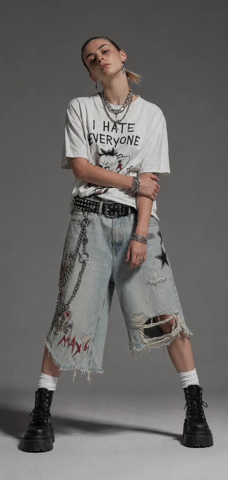 Vertical gray studio portrait showing punk streetwear with a graphic white tee, distressed decorated denim, chain accessories, and platform boots.