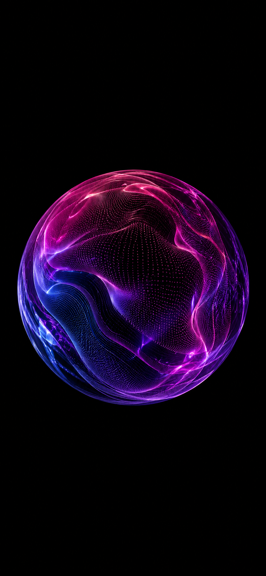 Glowing purple dotted mesh sphere floating on a deep black AMOLED-style phone wallpaper background.