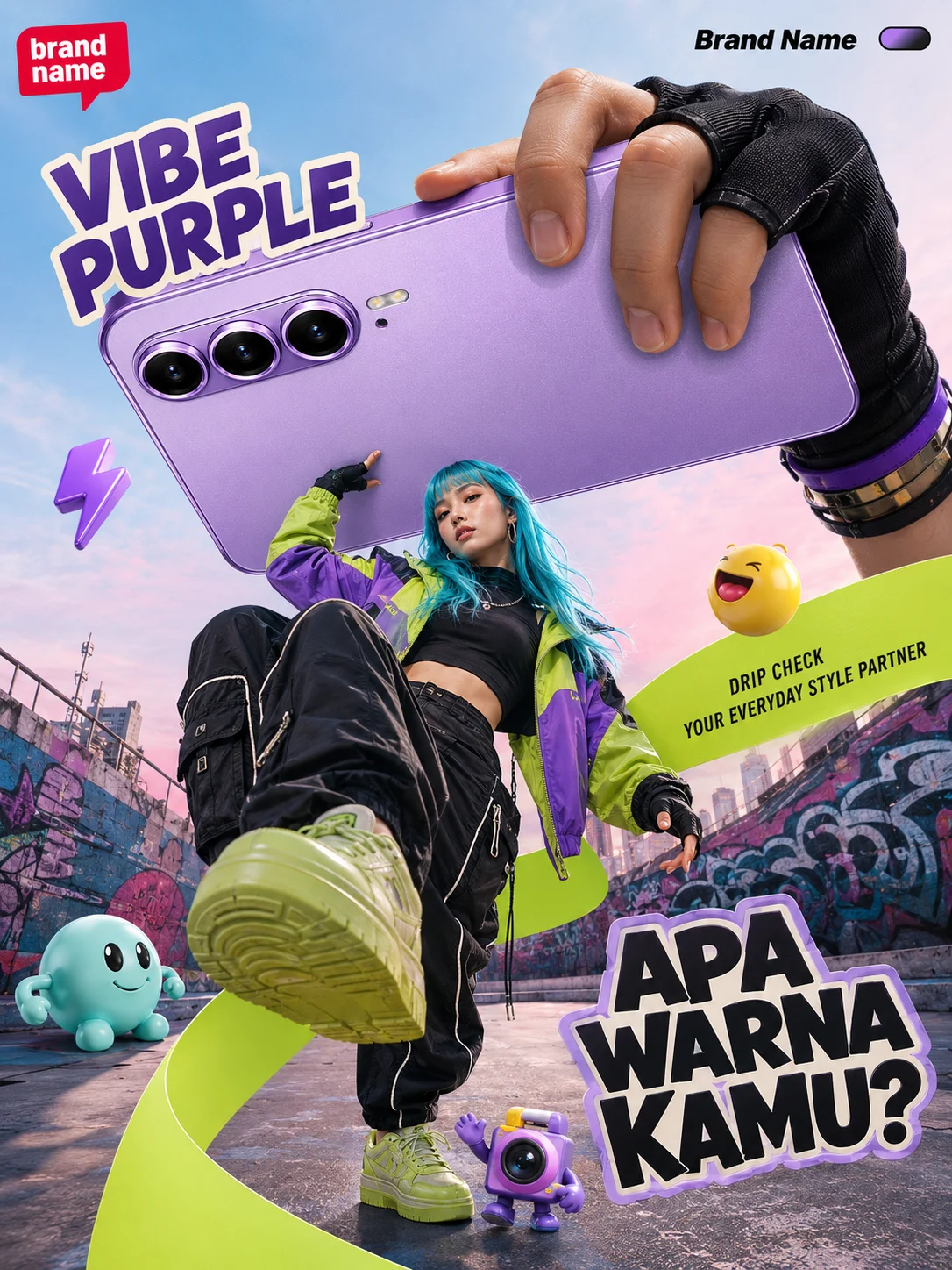 Vertical phone advertisement showing a lavender smartphone, colorful street-fashion model, lime ribbon, and playful floating icons on a pastel rooftop.