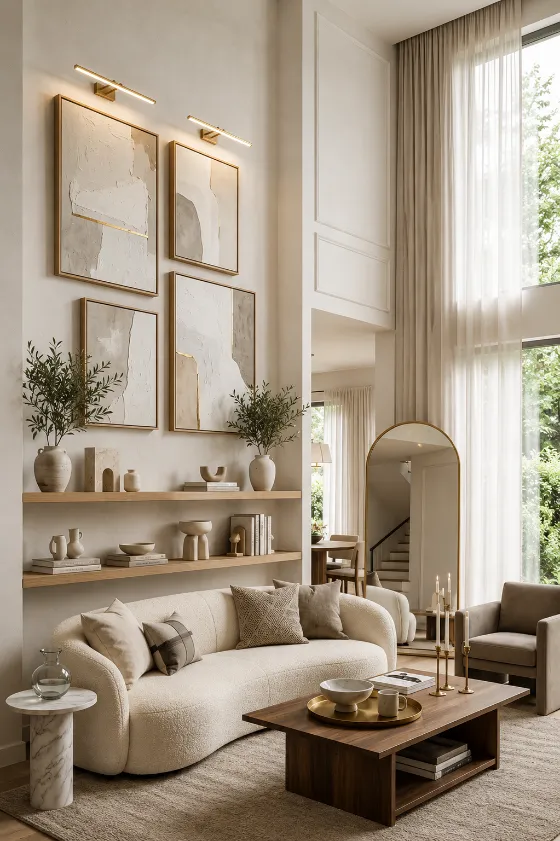 Elegant quiet luxury living room with cream curved sofa, walnut table, abstract gallery wall, arched mirror, and sheer curtains standing in warm daylight.