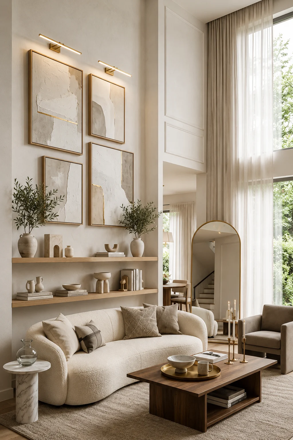 Elegant quiet luxury living room with cream curved sofa, walnut table, abstract gallery wall, arched mirror, and sheer curtains standing in warm daylight.