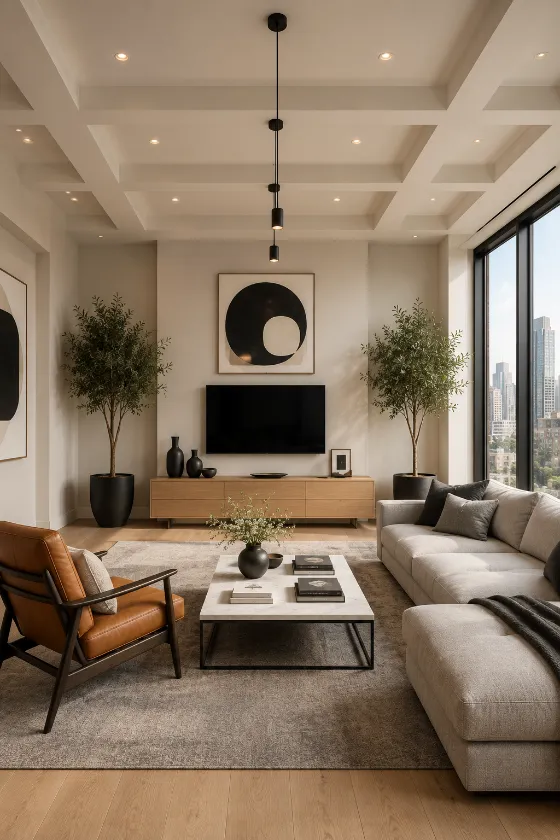 Contemporary apartment living room with gray sectional, cognac leather chair, oak media console, coffered ceiling, plants, and large windows.