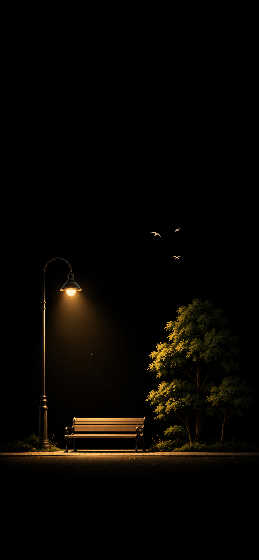 Minimal dark wallpaper showing an empty park bench under a warm streetlamp with rounded trees and small birds.