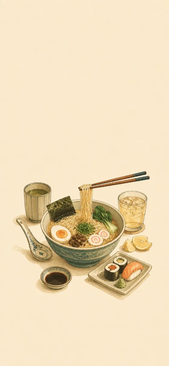 Minimal Japanese ramen with sushi, tea, and ceramic tableware on a warm ivory background.