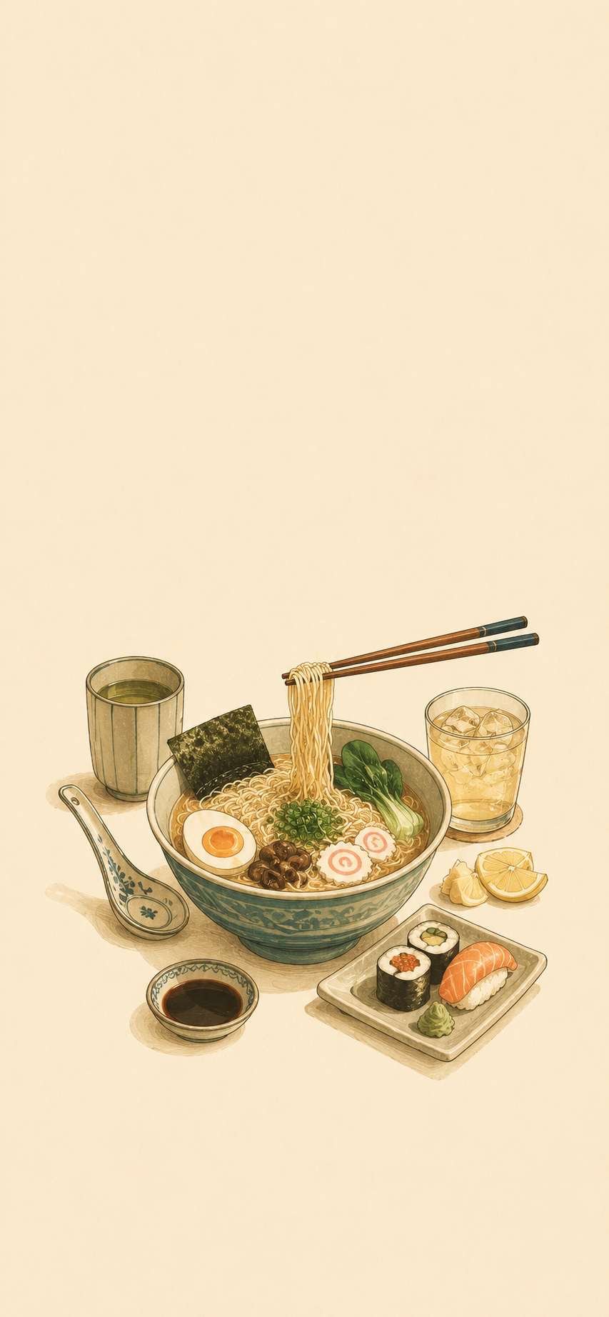 Minimal Japanese ramen with sushi, tea, and ceramic tableware on a warm ivory background.