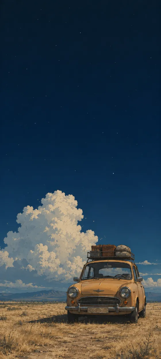 Illustrated vintage car parked on pale grassland under a deep blue starry sky with a large cloud bank.