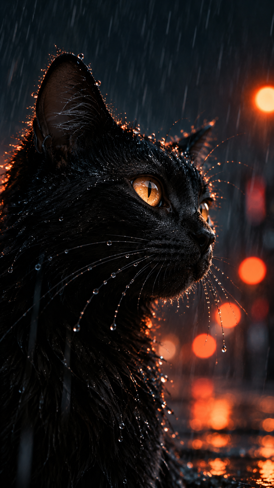 Close-up black cat with glowing amber eyes, wet whiskers, rain droplets, and warm bokeh lights in a dark rainy setting.