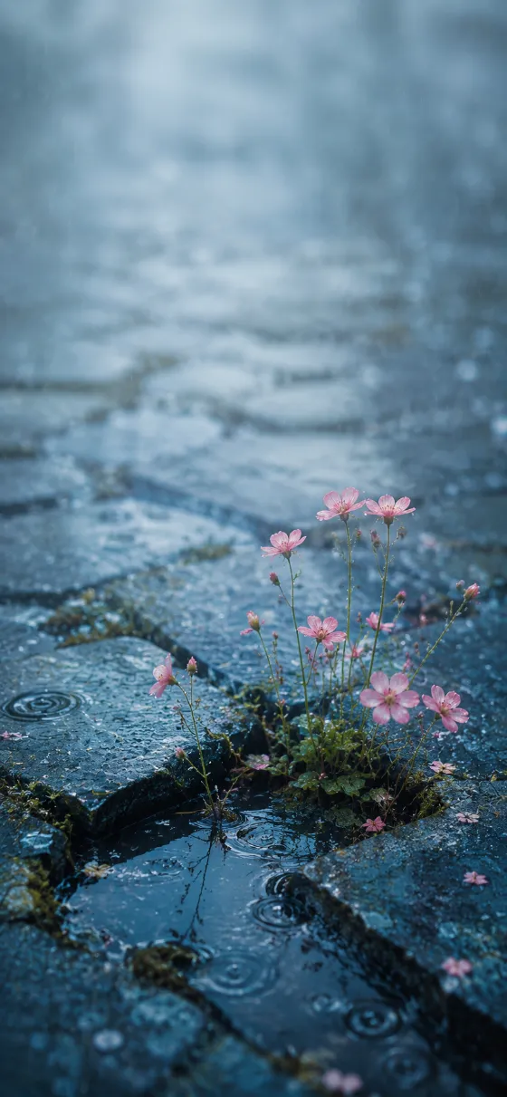 Pink wildflowers growing between wet blue-gray stone pavers during gentle rainfall with realistic water droplets.