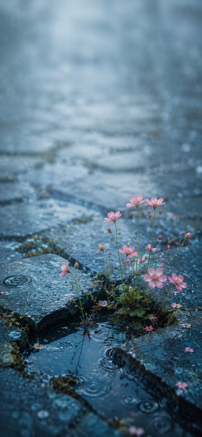 Pink wildflowers growing between wet blue-gray stone pavers during gentle rainfall with realistic water droplets.