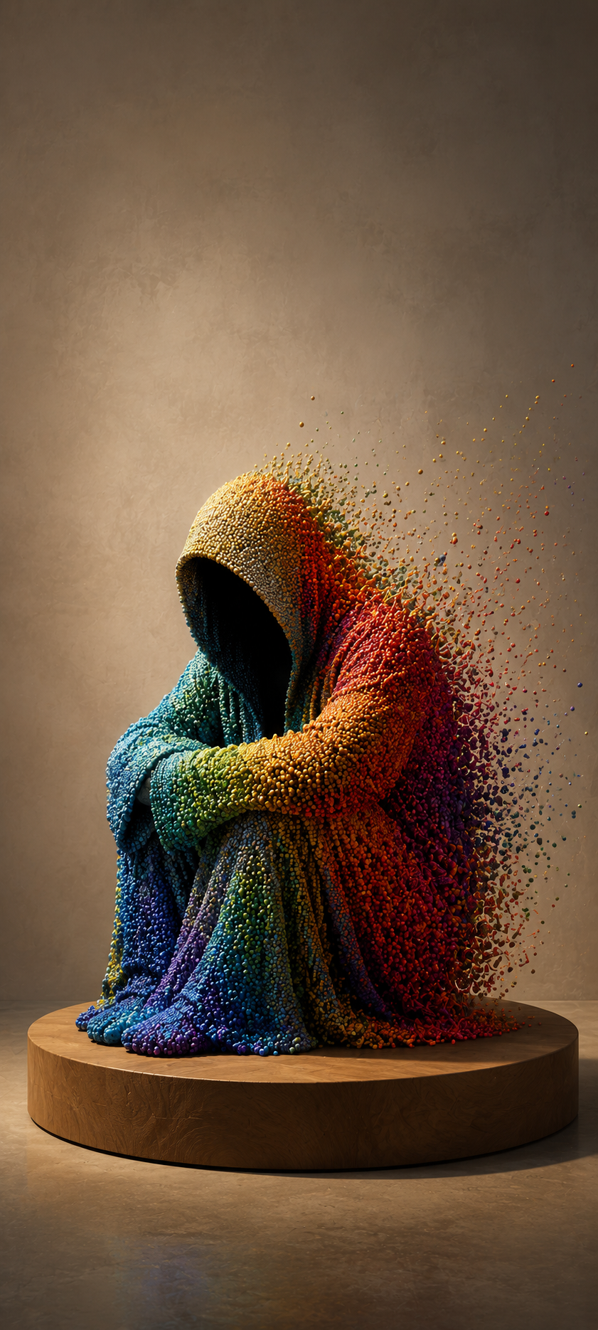 Faceless crouching hooded sculpture covered in rainbow bead texture on a wooden platform against a neutral studio wall.