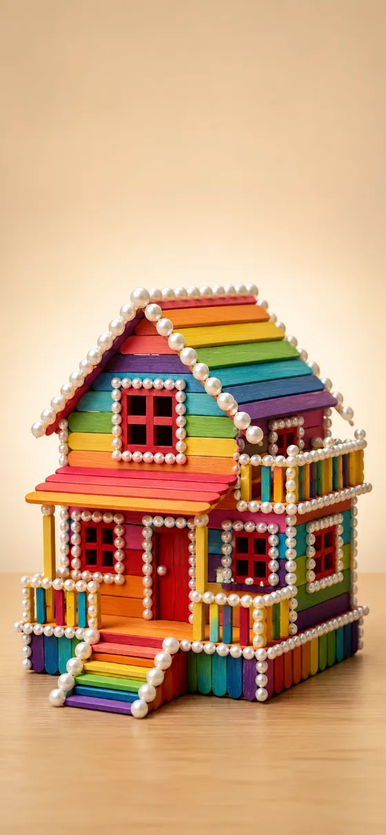 A colorful handmade miniature dollhouse made from rainbow craft sticks with white bead trim on a cream background.