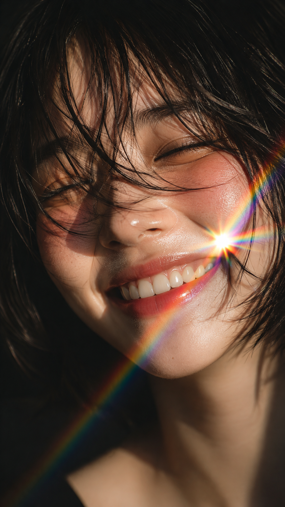 Close-up smiling woman with short dark hair illuminated by a vivid rainbow diffraction flare against a dark background.