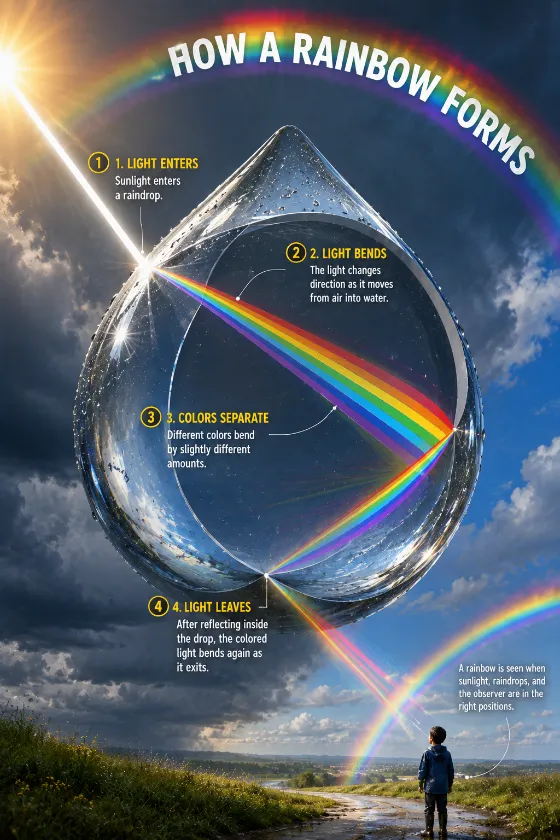 Educational rainbow diagram with a giant transparent raindrop, white sunlight, internal reflection, separated colors, and a distant observer.